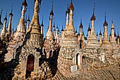 Rows of stupas in the Kakku (Kekku) Pagoda complex. The complex was kept hidden from the rest of the world until 2002 when it was opened to foreigners. Shan State, Burma (Myanmar). 